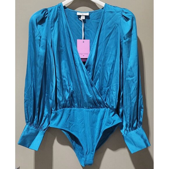 Sergio Hudson Size Small Turquoise Metallic Blue Crossover Front Satin Bodysuit - Picture 2 of 7